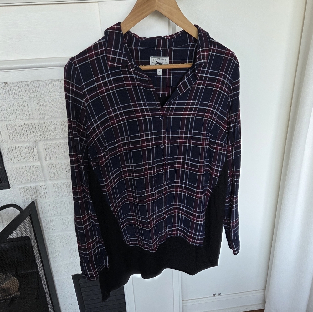 G.H. Bass & Co. Womens Woven Button Up Plaid Shirt w/Knit Back Size Large